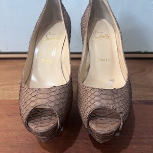 Christian Louboutin Textured Brown Peep-Toe Heels